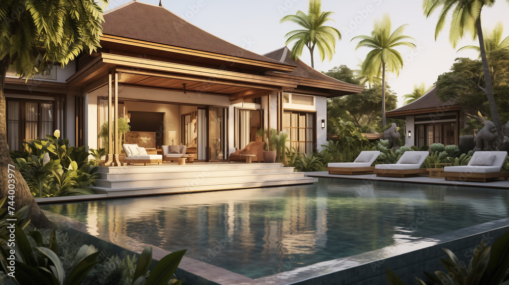 Home or house Exterior design showing tropical pool villa with greenery garden