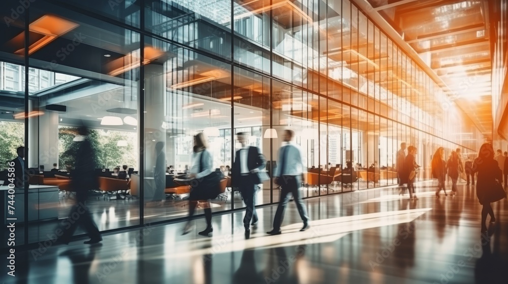 business workplace with people walking in blurred motion in modern office space - obrazy, fototapety, plakaty 