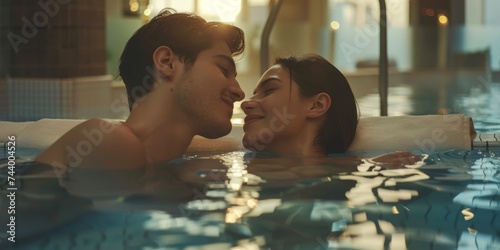 young couple swimming in the pool Generative AI © Roman
