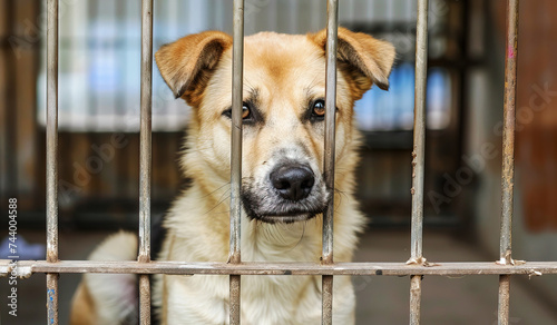 A sad dog behind a metal grill in a cell at an animal shelter yearns in search of an owner