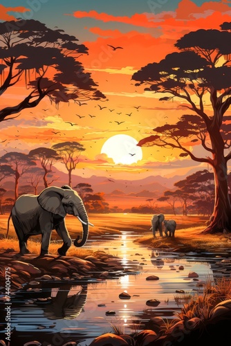 A Painting of a Sunset With Elephants Drinking Water. Generative AI