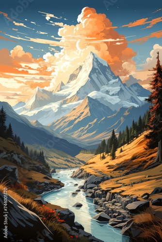 A Mountain Landscape With a River. Generative AI © FrequentArt