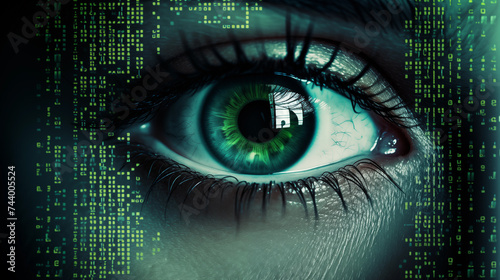 Close up eyes of woman in scanning process, data. Data processing and neon round scanner scanning over close up of female eye. Human Eye Recognition Scaup eyes of woman in scanning process, data
