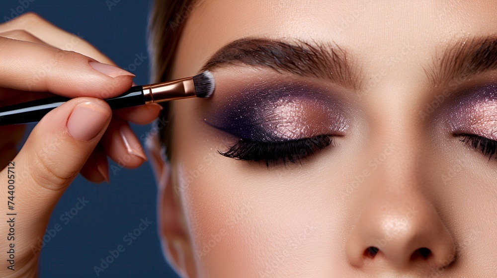 A makeup artist applies eye shadow with a brush to a beautiful cosmetics model. 