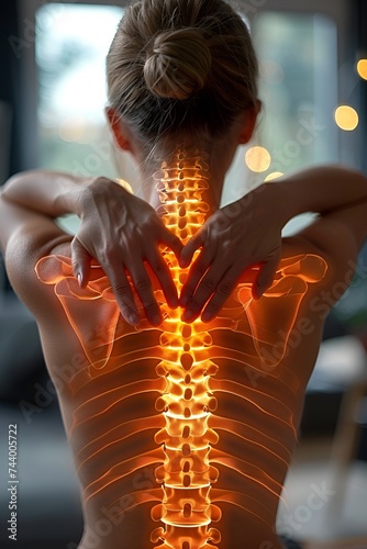 Digital composite of the highlighted spine of a woman with neck pain, woman is holding her neck highlighting the pain. photo