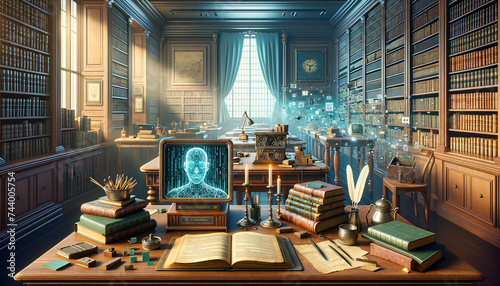 Nostalgic library scene with digital disintegration and self supervised learning.