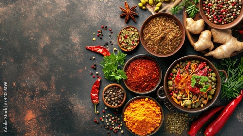 full-frame background using traditional Eastern ingredient, oriental spices for cooking Asian dishes