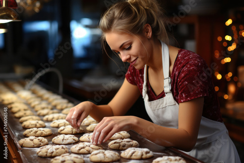Anonymous female baker in uniform preparing dough for cookies on table while working in bakehouse with various equipment
