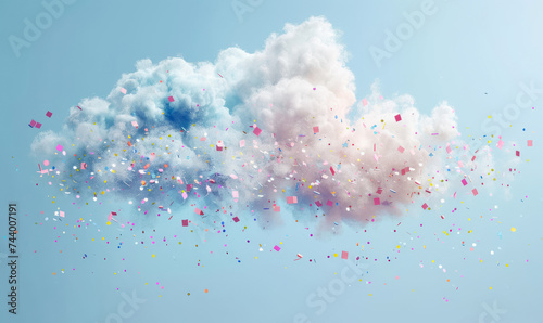 celebratory clouds with colorful confetti rain against a serene blue sky, joyous occasion concept