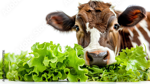 A happy cow eating a green lettuce Vegan Day with white background Generative AI Illustration photo