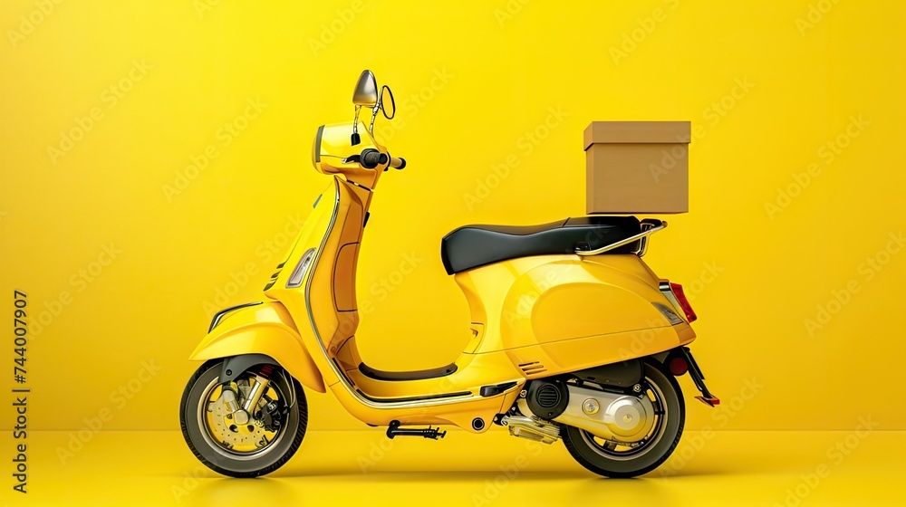 delivery scooter carrying a food box on a vibrant yellow background.