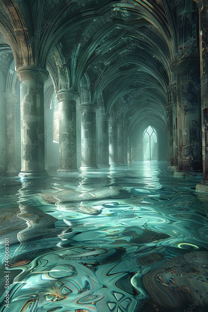 ethereal old abandoned hall with columns flooded with water