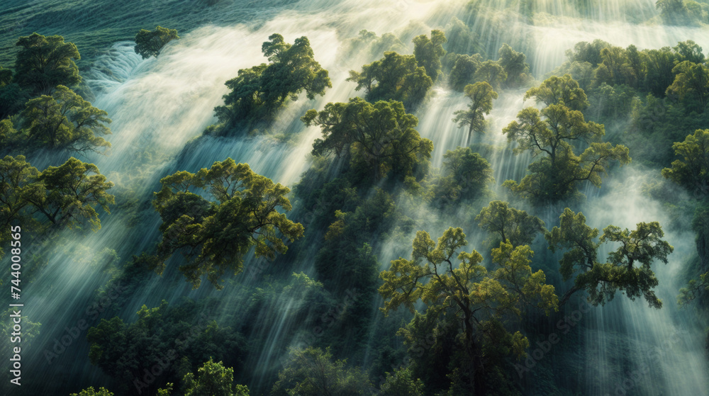 vue aérienne d'un paysage au petit matin recouvert d'un brouillard entre les arbres à moitié recouvert - obrazy, fototapety, plakaty 