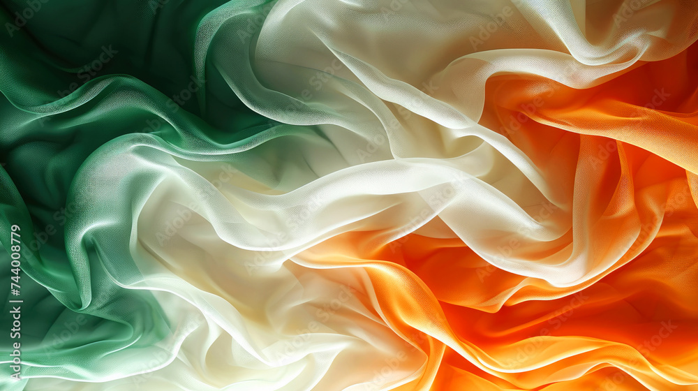 Fototapeta premium Abstract digital background or texture design of irish flag colors, Ireland national country symbol illustration wavy silk fabric background