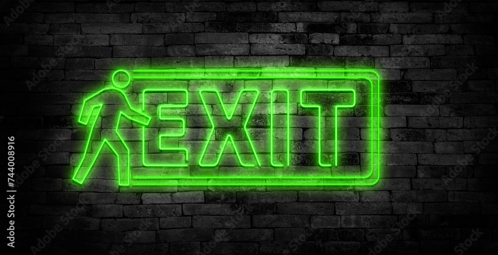 Exit neon sign on brick wall background. Exit neon sign on brick wall background.