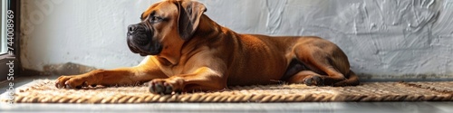Cute relaxed dog lying on cool mat in hot day , white wall background, summer heat. ai generated © dark_blade