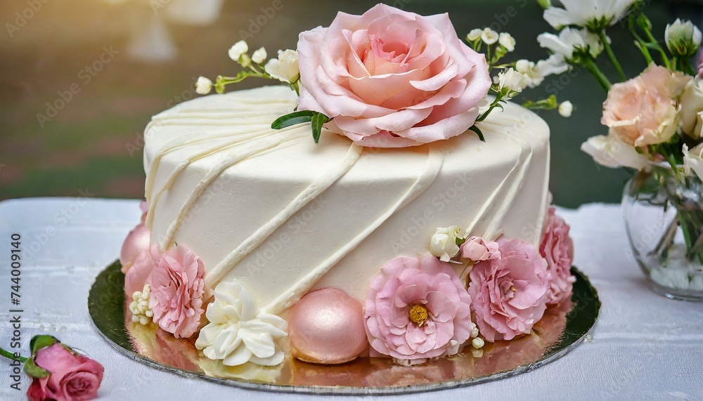 Bolo de casamento decorado com flores rosas e arranjos