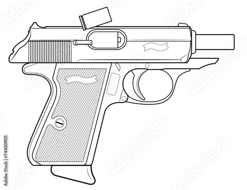 Vector illustration of the automatic pistol with the breech in the rear position and the cartridge case falling out on the white background. Right side.