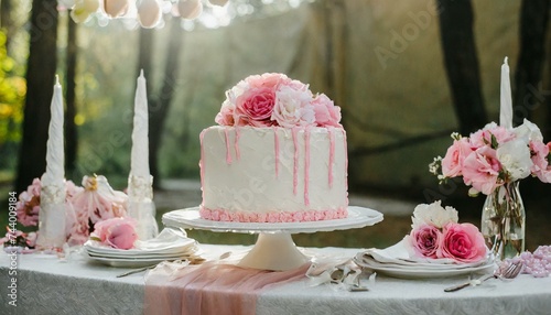 Bolo de aniversário branco com recheio rosa em uma mesa decorada para aniversário photo