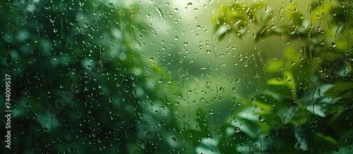 A dirty window streaked with rainwater, showcasing blurred water droplets, set against a backdrop of lush green foliage.