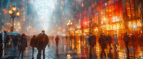 In the dimly lit city streets, a group of individuals braves the rain, their reflections shimmering on the wet pavement as they make their way through the night