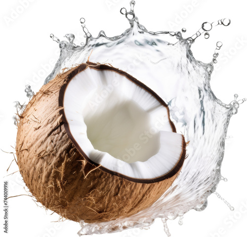 fresh coconut with water juice splashing isolated on white or transparent background,transparency 