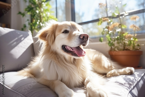 A beautiful golden retriever dog lies on the sofa in a bright apartment interior. A pet.