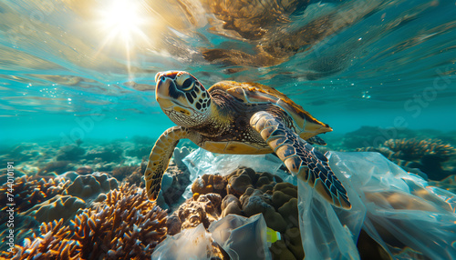 Lonely sea turtle swimming warm tropical sea waters with plastic bag waste on coral reefs. Beauty in Nature, ocean pollution, Marine pollution, Plastic pollution and NO PLASTIC Ecology concept image. photo