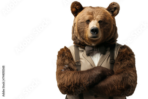 A dapper bear in a bowtie and suspenders, looking suave and sophisticated while facing the camera on a transparent background, PNG format.  © Adnan Bukhari