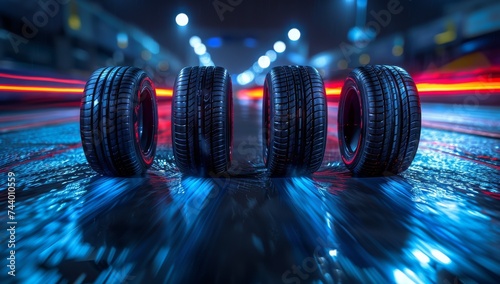 A trail of black rubber marks the path of a fast-moving car, as a row of tires glisten in the light against the rough ground photo