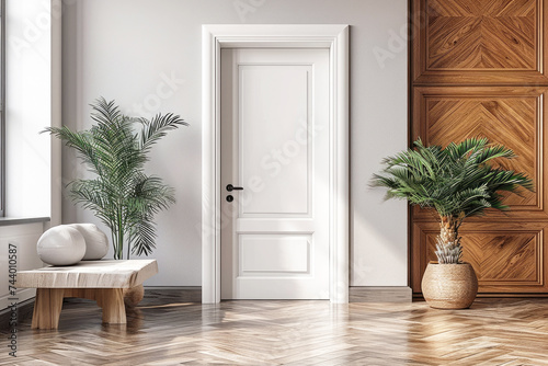 White interior door in a modern interior, in light colors in a Scandinavian style. Interior Design.