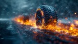 A blazing tire ignites the surrounding heat, its flames dancing with fiery intensity and illuminating the darkened street