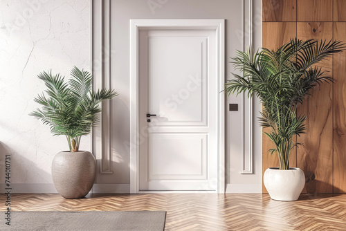 White interior door in a modern interior, in light colors in a Scandinavian style. Interior Design.
