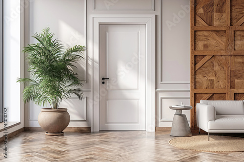 White interior door in a modern interior, in light colors in a Scandinavian style. Interior Design. photo