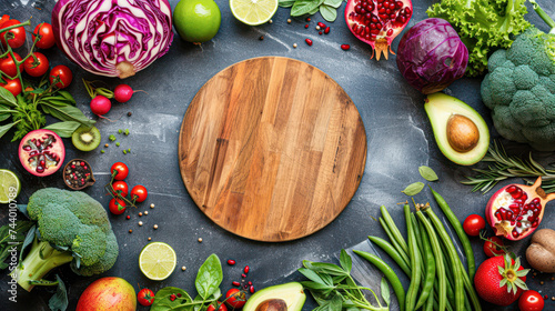 An array of fresh vegetables and spices surrounds a wooden cutting board on a dark surface.