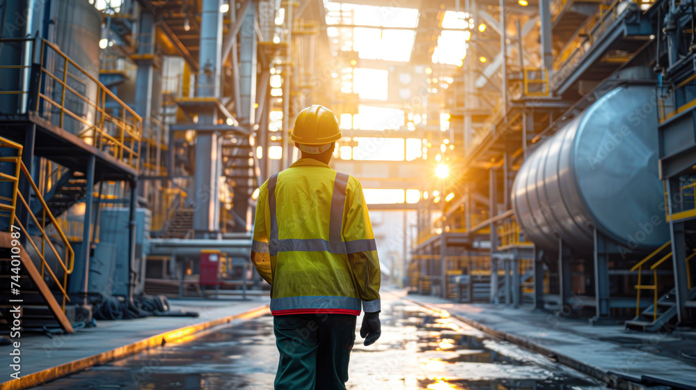 Worker in high-visibility jacket and safety helmet walking in industrial plant with sun flaring through large windows. Worker in high-visibility jacket and safety helmet walking in industrial plant with sun flaring through large windows.