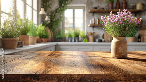 Empty beautiful wood tabletop counter on interior in clean and white kitchen background, Ready for display, Banner, for product montage.