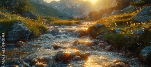 A breathtaking landscape painting captures the vibrant colors of a sunrise as a majestic river winds its way through a lush valley, surrounded by towering mountains and rocky ravines, creating a sens