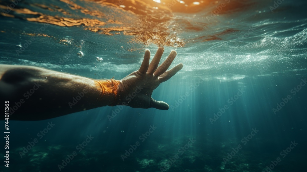 Reaching out for help underwater with other hand coming to the rescue