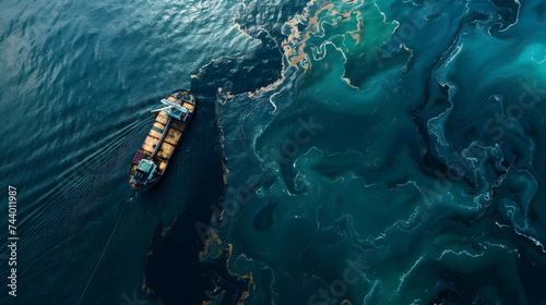 oil floating on the surface of the ocean, water pollution and chemicals create problems for the environment, living things and natural resources #744011987