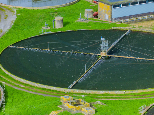 Telephoto aerial shot of sewerage treatment plant near Salisbury UK.