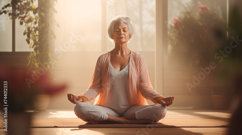 Happy senior caucasian woman doing yoga, meditating in living room at home. Senior woman practicing exercise at home, doing yoga. Healthy lifestyle concept