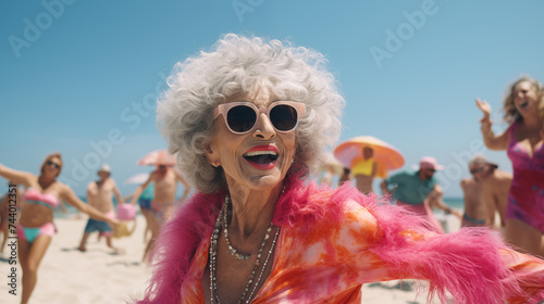 Happy mature senior woman on beach in a sun glasses and mature senior woman on beach enjoy holidays on the beach. Senior woman smiling rest in the beach. Mature senior lifestyle