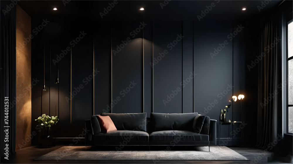 Modern dark home interior background with sofa and lights, wall mock up Modern dark home interior background with sofa and lights, wall mock up