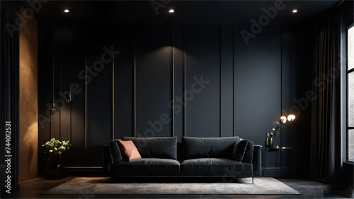 Modern dark home interior background with sofa and lights  wall mock up