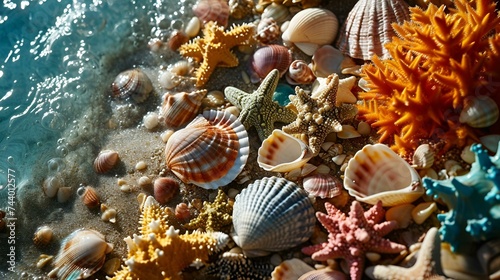 Closeup photo collection of seashells. Amazing background summer vacation concept. 