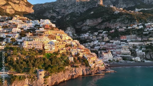 Positano, Costiera Amalfitana, meta turisticadel sud Italia.
Vista aera dal mare del pittoresco paese marinaro più visitato al sud.  photo