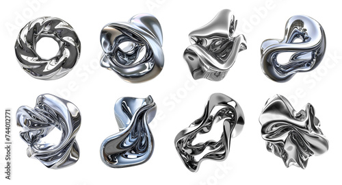 3d liquid silver metal chrome shape set isolated on white background. Abstract steel fluid objects futuristic wave, sphere, ball. Titanium graphic elements