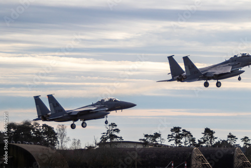 RAF Lakenheath, Brandon, Suffolk, UK
February 15th 2024
Two F15 fighter jets with landing gear down coming in to land at RAF Lakenheath
