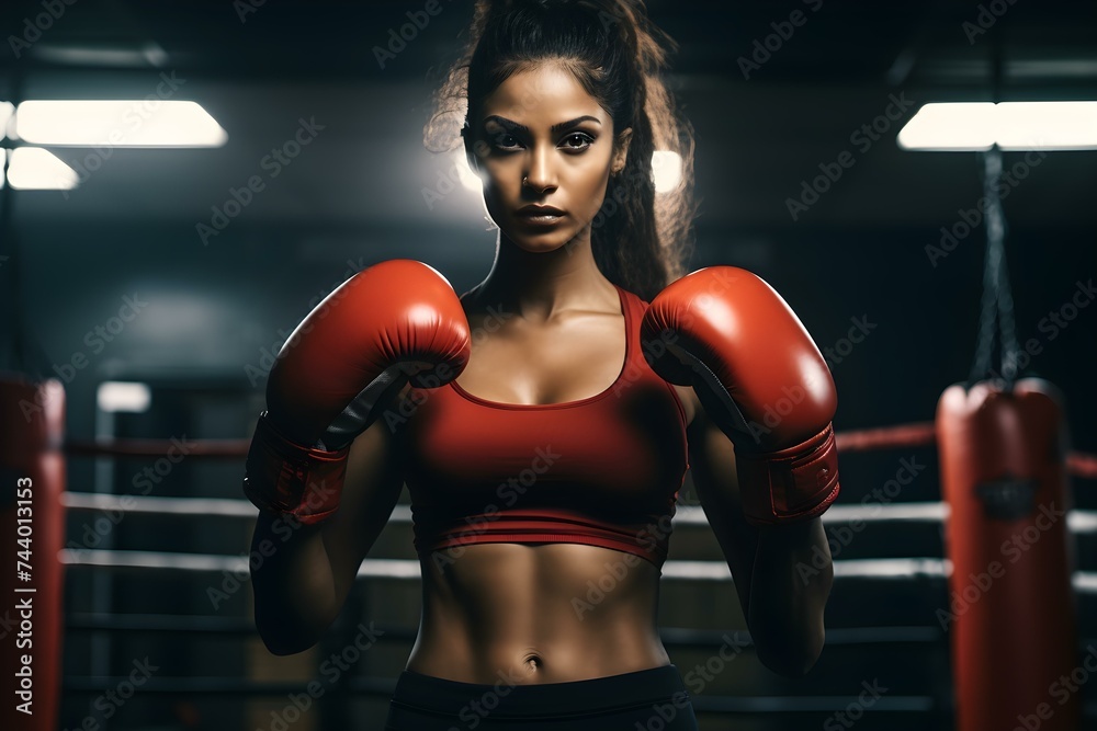 Woman wearing red boxing gloves striking confident pose in gym setting. Concept Fitness Photography, Strong Woman, Empowerment, Gym Workout, Red Boxing Gloves